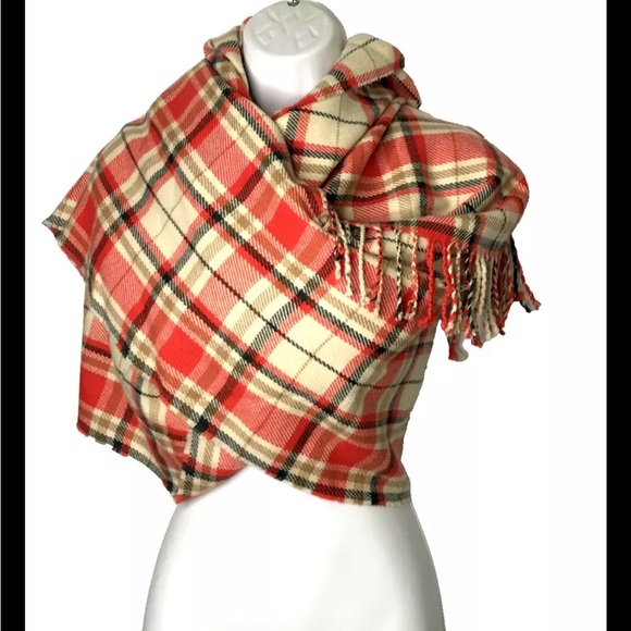 J.Crew Factory Scarf Long Plaid Shawl Wrap Fringe Tan Orange 74 x 24 - Picture 10 of 10